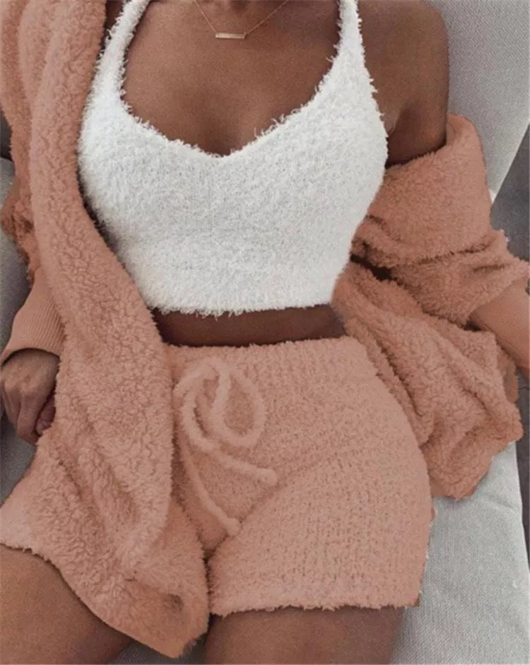 Women's Flannel Pajama Set | 3-Piece Lounge Wear (Vest + Cardigan + Shorts)