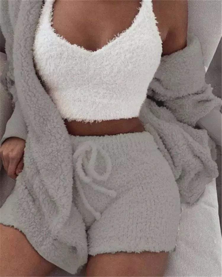 Women's Flannel Pajama Set | 3-Piece Lounge Wear (Vest + Cardigan + Shorts)