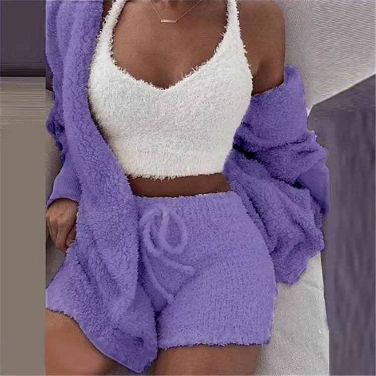 Women's Flannel Pajama Set | 3-Piece Lounge Wear (Vest + Cardigan + Shorts)