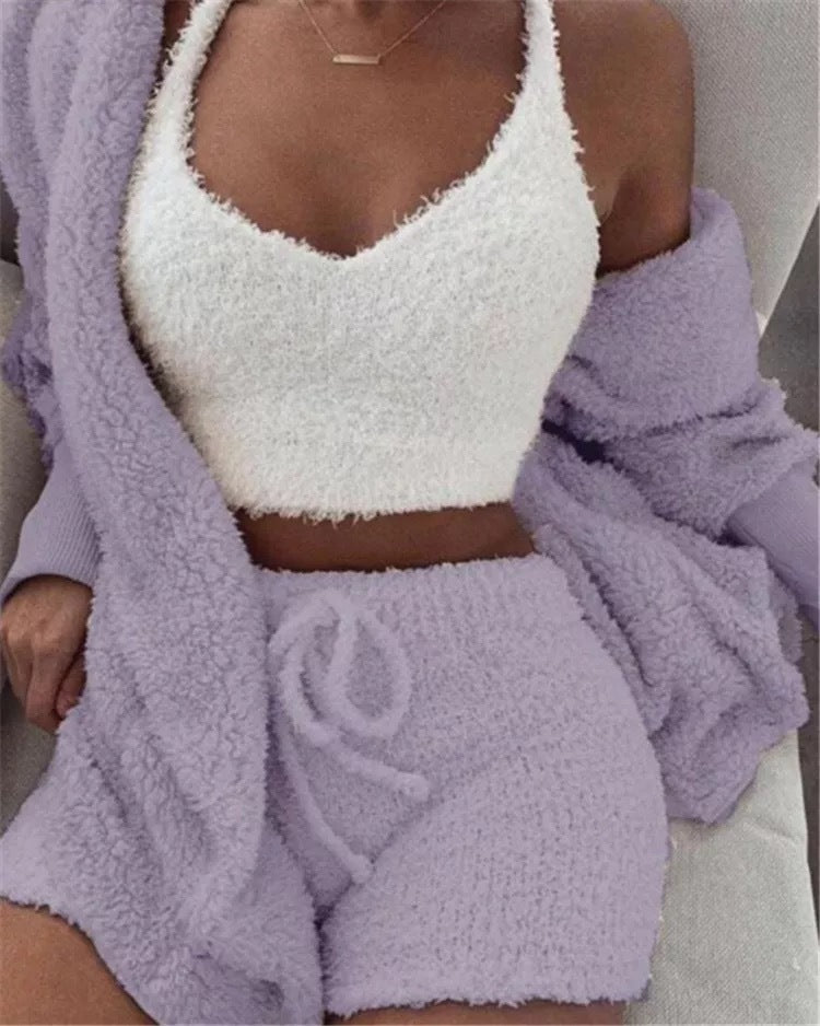 Women's Flannel Pajama Set | 3-Piece Lounge Wear (Vest + Cardigan + Shorts)