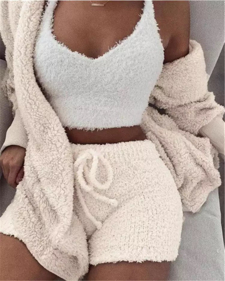 Women's Flannel Pajama Set | 3-Piece Lounge Wear (Vest + Cardigan + Shorts)