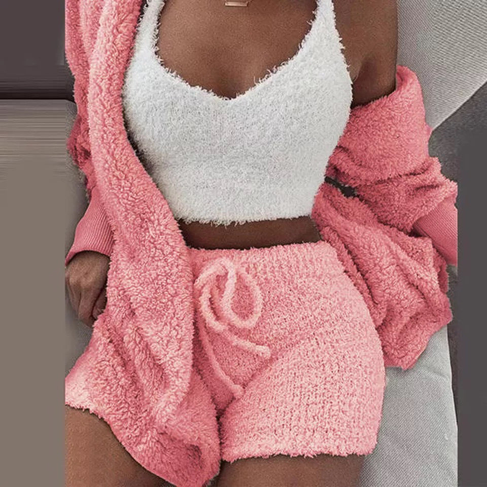 Women's Flannel Pajama Set | 3-Piece Lounge Wear (Vest + Cardigan + Shorts)