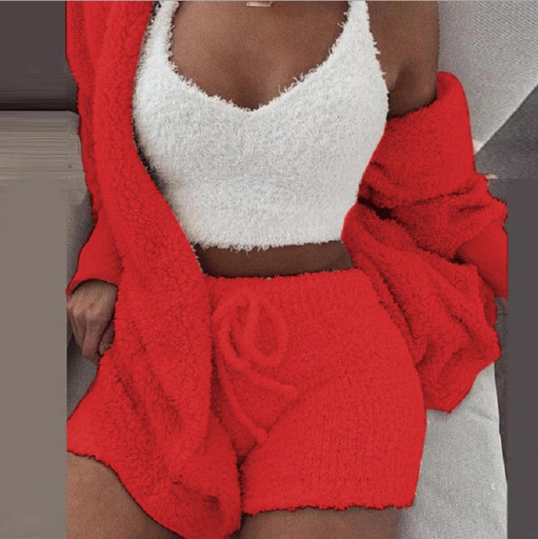 Women's Flannel Pajama Set | 3-Piece Lounge Wear (Vest + Cardigan + Shorts)