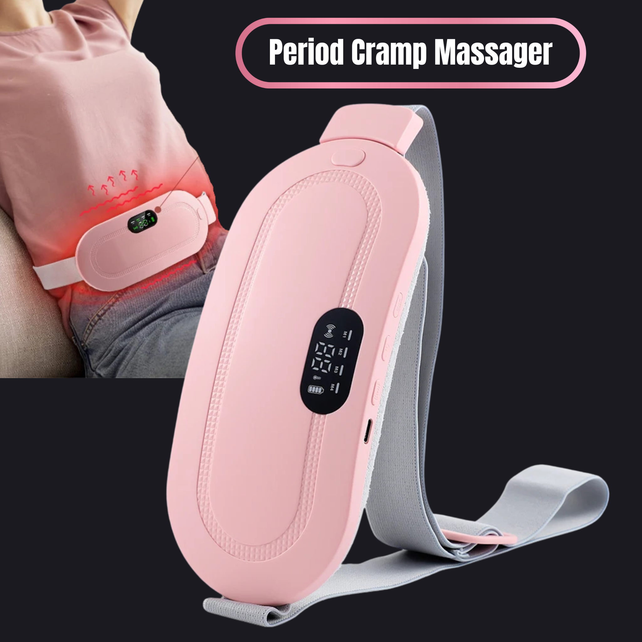 Electric Waist Massage Period Cramp Massager - Vibrating Heating Belt for Menstrual Waist, Stomach & Abdominal Pain