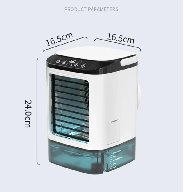 Portable air conditioner with dimensions labeled on a light gray background