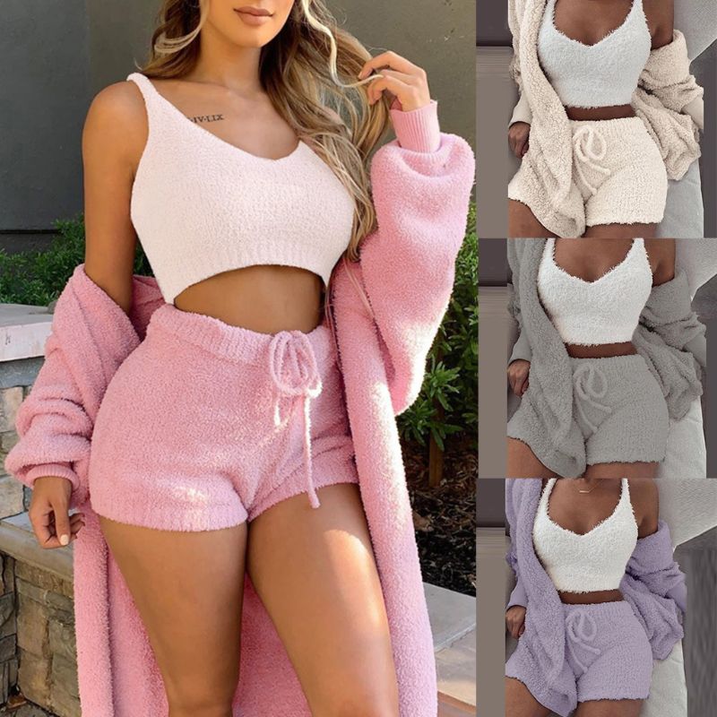 Women's Flannel Pajama Set | 3-Piece Lounge Wear (Vest + Cardigan + Shorts)